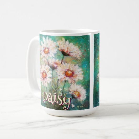 Daisies Impressionistic Floral Teal Personalized コーヒーマグカップ (正面左)