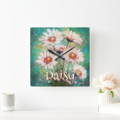 Daisies Impressionistic Floral Teal Personalized スクエア壁時計 (ホーム)