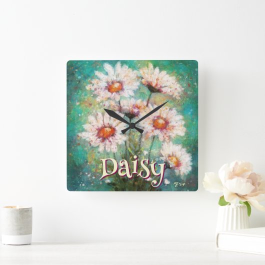 Daisies Impressionistic Floral Teal Personalized スクエア壁時計 (ホーム)