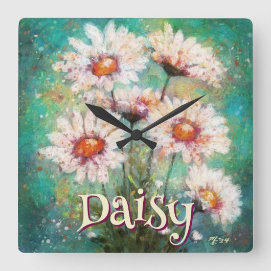 Daisies Impressionistic Floral Teal Personalized スクエア壁時計 (正面)