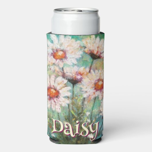 Daisies Impressionistic Floral Teal Personalized スリム缶クーラー (Seltzer裏面)