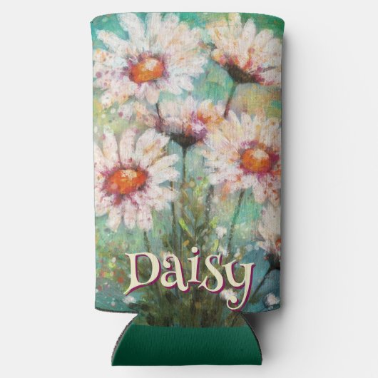 Daisies Impressionistic Floral Teal Personalized スリム缶クーラー (裏面)
