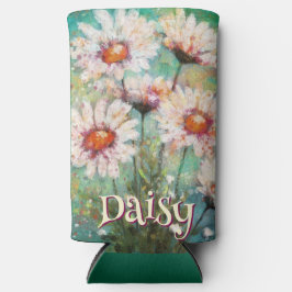 Daisies Impressionistic Floral Teal Personalized スリム缶クーラー