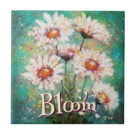 Daisies Impressionistic Floral Teal Personalized タイル