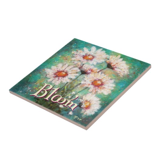 Daisies Impressionistic Floral Teal Personalized タイル (側面)
