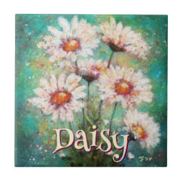 Daisies Impressionistic Floral Teal Personalized タイル