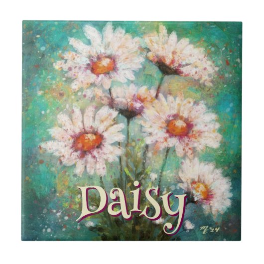 Daisies Impressionistic Floral Teal Personalized タイル (正面)