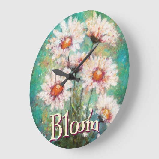 Daisies Impressionistic Floral Teal Personalized ラージ壁時計 (傾斜)