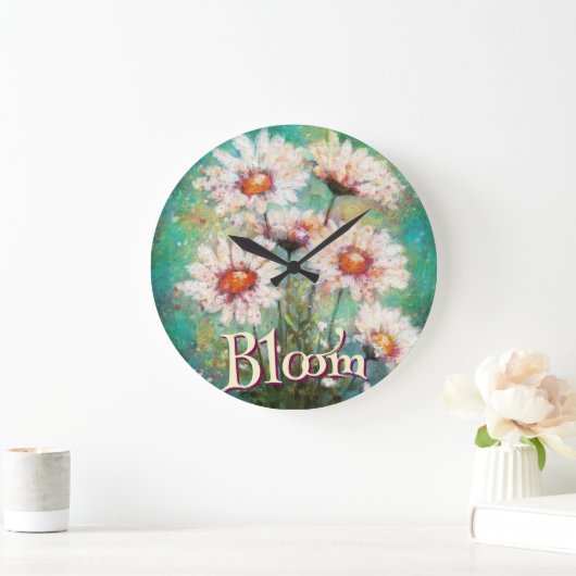 Daisies Impressionistic Floral Teal Personalized ラージ壁時計 (ホーム)