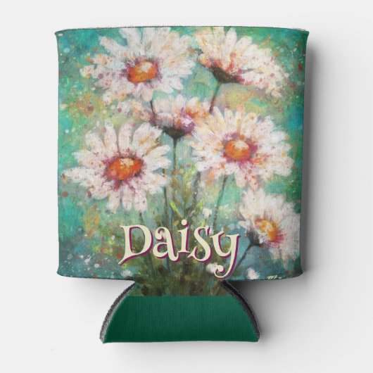 Daisies Impressionistic Floral Teal Personalized 缶クーラー (正面)