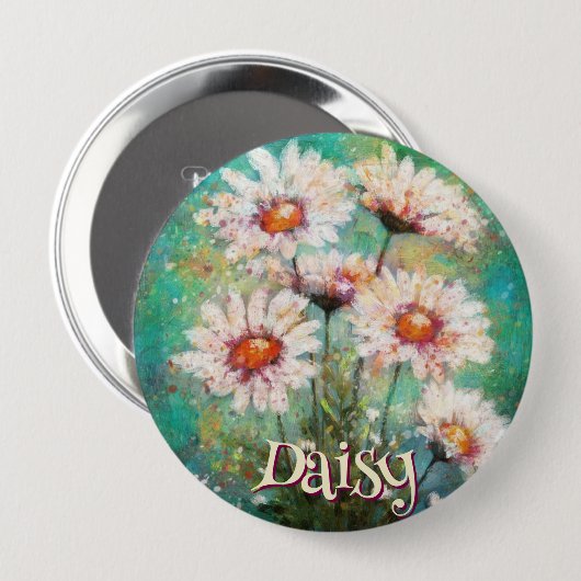 Daisies Impressionistic Floral Teal Personalized 缶バッジ (正面&裏面)