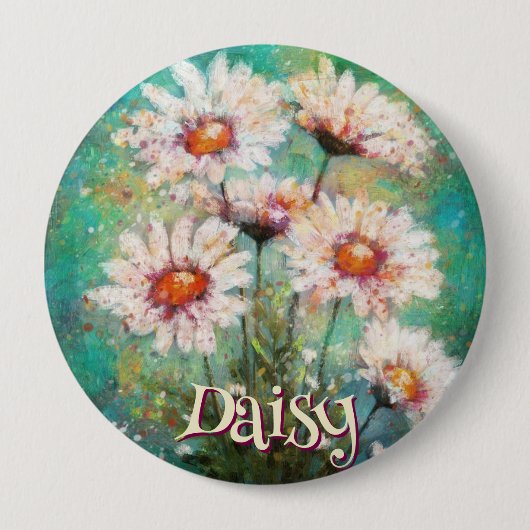 Daisies Impressionistic Floral Teal Personalized 缶バッジ (正面)