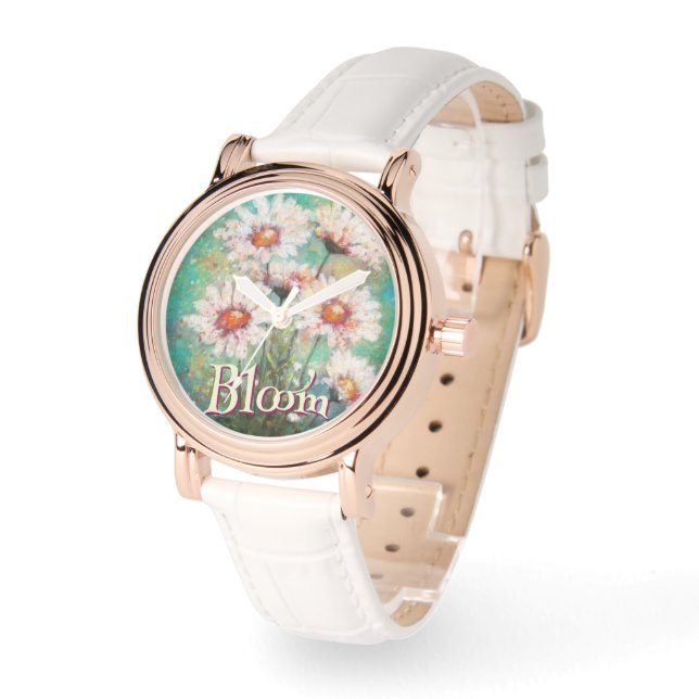 Daisies Impressionistic Floral Teal Personalized 腕時計 (傾斜)
