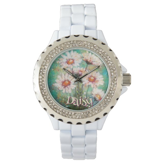 Daisies Impressionistic Floral Teal Personalized 腕時計 (正面)