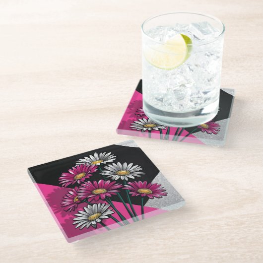 Daisies in Pink and White  ガラスコースター (アングル)