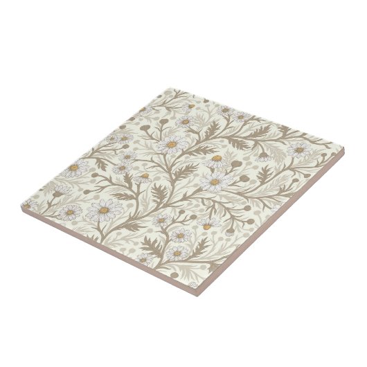 Daisies in white and brown on off white タイル (側面)