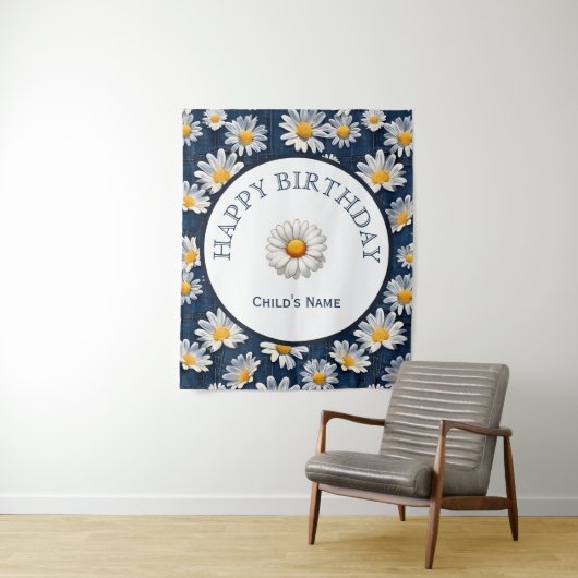 Daisies on Blue Denim Birthday  タペストリー (インサイチュ)