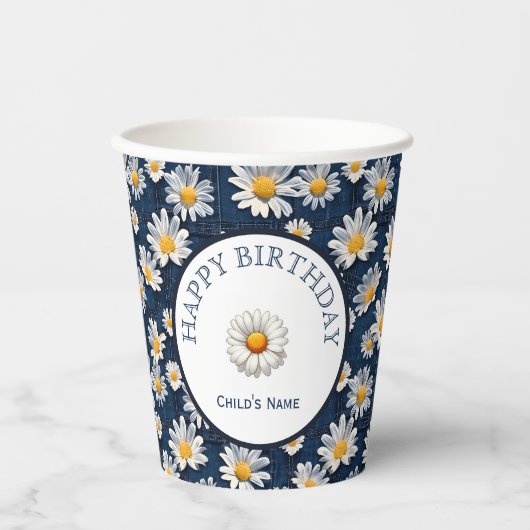 Daisies on Blue Denim Birthday Party 紙コップ (正面)