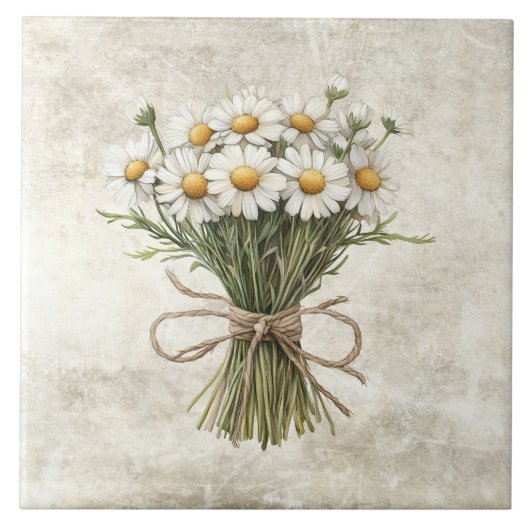 Daisies Rustic Floral Faux Ceramic Tile タイル (正面)