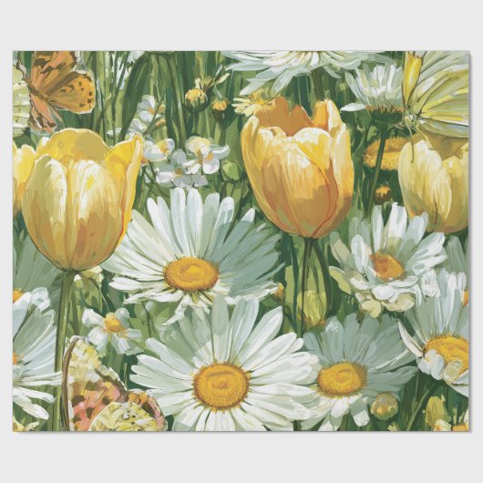 Daisies, Tulips & Butterflies illustrations ラッピングペーパー (フラット)