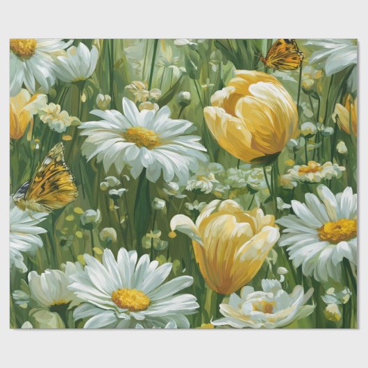 Daisies, Tulips & Butterflies illustrations ラッピングペーパー (フラット)