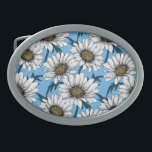 Daisies, wild flowers on blue 卵形バックル<br><div class="desc">Hand drawn vector pattern with white daisy flowers</div>