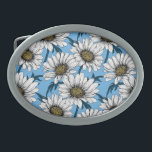 Daisies, wild flowers on blue 卵形バックル<br><div class="desc">Hand drawn vector pattern with white daisy flowers</div>