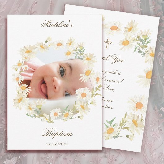 daisies wreath Baptism small thank you card  招待状