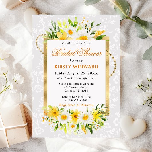 Daisies & Yellow Summer Flowers Gold Bridal Shower 招待状