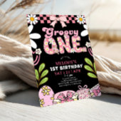 Daisy 1st Birthday Pink and Black Retro Birthday  招待状