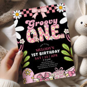 Daisy 1st Birthday Pink and Black Retro Birthday  招待状