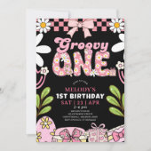 Daisy 1st Birthday Pink and Black Retro Birthday  招待状 (正面)