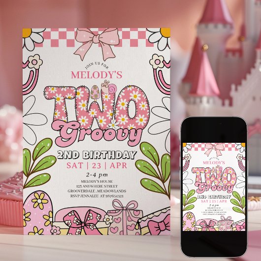 Daisy 2nd Birthday Pink Retro Birthday Invitation 招待状