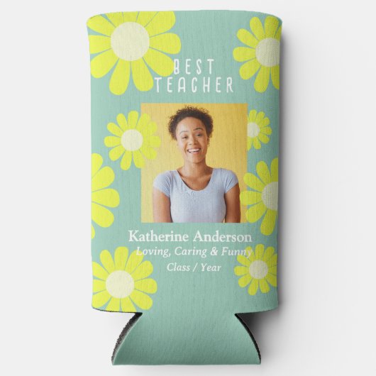 Daisy Best Teacher Photo Light Green スリム缶クーラー (正面)