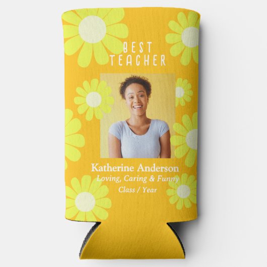 Daisy Best Teacher Photo Orange Yellow スリム缶クーラー (正面)