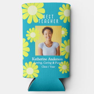 Daisy Best Teacher Photo Teal スリム缶クーラー