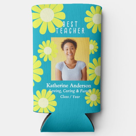 Daisy Best Teacher Photo Teal スリム缶クーラー (正面)