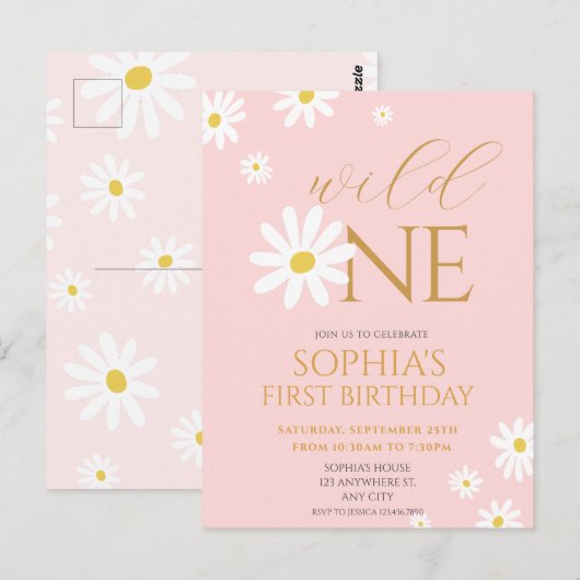 Daisy Birthday Party Bohmian Wild One 1st Birthday ポストカード (正面/裏面)