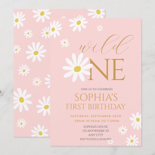 Daisy Birthday Party Bohmian Wild One 1st Birthday 招待状 (正面/裏面)