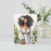 Daisy Black Woman Curly Hair Summer Watercolor ポストカード (スタンド正面)