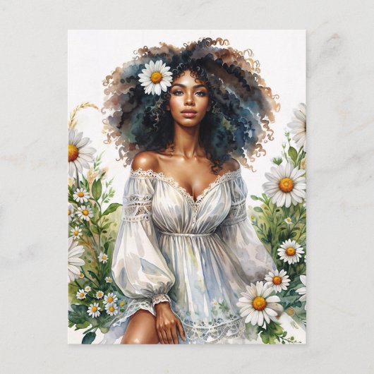 Daisy Black Woman Curly Hair Summer Watercolor ポストカード (正面)