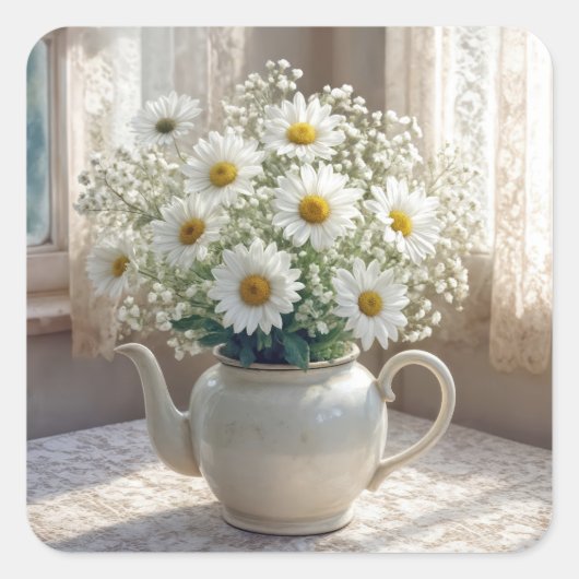 Daisy Bouquet in an Antique Teapot スクエアシール (正面)