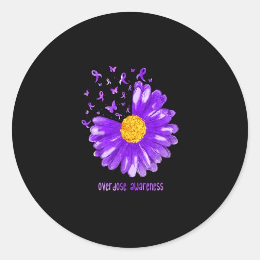 Daisy Butterfly Purple Ribbon Overdose Awareness ラウンドシール (正面)