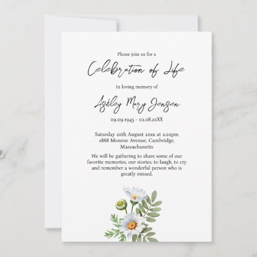 Daisy Celebration of Life Funeral 招待状 (正面)