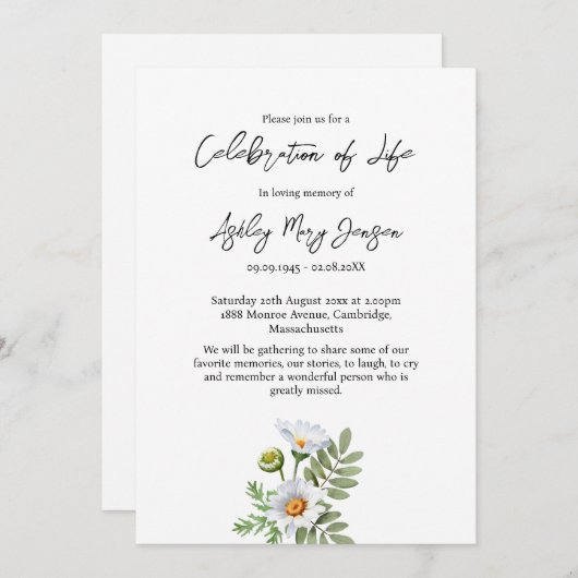 Daisy Celebration of Life Funeral 招待状 (正面/裏面)