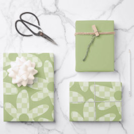 Daisy Check Sage Green Retro Modern Pattern ラッピングペーパーシート