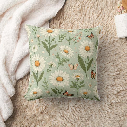 Daisy Dreams – Floral & Butterfly Throw Pillow クッション (ブランケット)