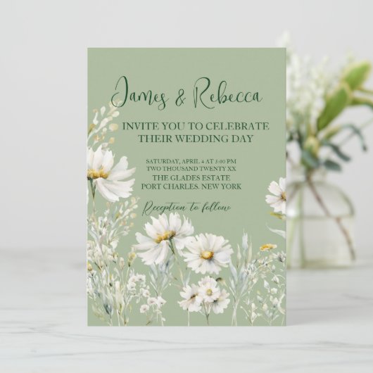 Daisy Earthy Sage & Botanical Greenery Wedding  招待状 (スタンド正面)
