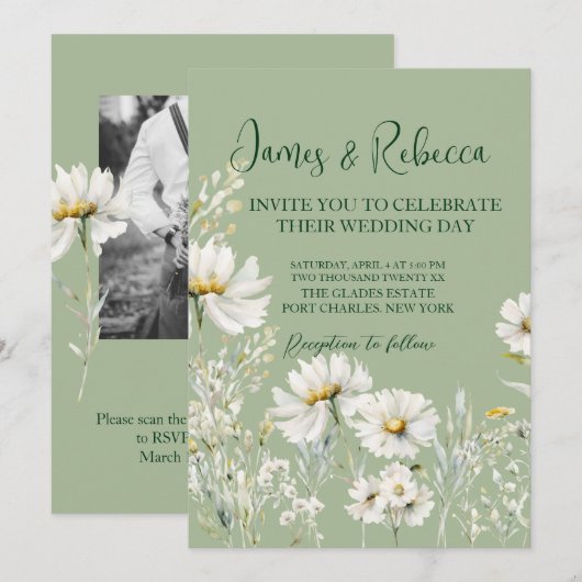 Daisy Earthy Sage & Botanical Greenery Wedding  招待状 (正面/裏面)