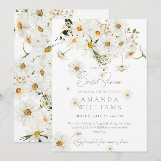 Daisy Elegant Wildflower Modern Bridal Shower 招待状 (正面/裏面)